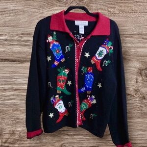 Tiara International western Christmas holiday sweater. Black. XL